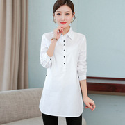 白色衬衫女长袖，2024韩版纯色修身时尚气质中长款polo领白衬衣