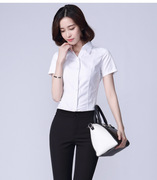 短袖女衬衫白色棉韩版夏装，圆领工作服正装工装，大码职业面试女衬衣