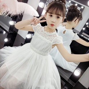 女童公主裙夏2024儿童韩版洋气，短袖网纱连衣裙，女孩蕾丝礼服裙