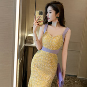 2024夏季女法式设计感黄色，碎花连衣裙无袖吊带长款裙子10577