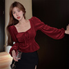 新年红色丝绒上衣2024秋冬法式气质短款衬衫泡泡袖长袖上衣女