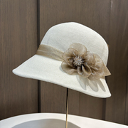 夏天轻薄透气针织渔夫遮阳帽女士时尚花朵卷边礼帽出游防晒沙滩帽