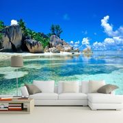 3D海景沙滩电视背景墙布酒店宾馆蓝天白云墙纸8D海洋山水风景壁画