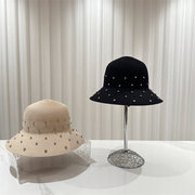 韩国重工珍珠牛仔渔夫帽女显脸小黑色水桶帽夏季遮阳防晒素颜盆帽