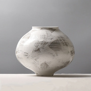 现代简约中式禅意手绘艺术扫画纹白色釉陶大号，陶罐花瓶装饰品摆件