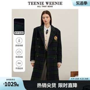 TeenieWeenie小熊秋冬中长款绵羊毛呢大衣藏青色呢子外套女装