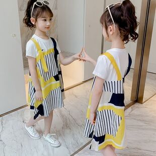 童装韩版2024黄色条纹连衣裙夏季女潮范棉短袖假两件公主裙潮
