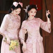 中式婚礼伴娘服2023灰色秋冬显瘦长袖大码姐妹服伴娘团礼服裙