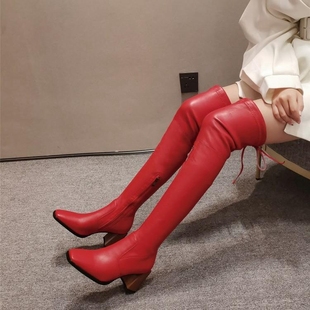 鞋女驼色红色靴子粗跟高跟，过膝长靴长筒弹力，靴女大码女靴40-43ja