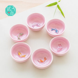 贰奇青瓷创意粉色小鱼，家用功夫茶具套装，陶瓷七彩茶壶茶杯品茗杯