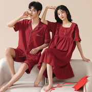 情侣睡衣短袖女夏季纯棉红色，结婚中长款睡裙新婚大码男家居服套装