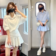 韩系时尚假两件衬衫连衣裙，女2024夏季设计感褶皱收腰显瘦气质短裙