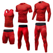 红色印花运动紧身衣男弹力，速干健身房撸铁训练跑步健身七分裤长袖