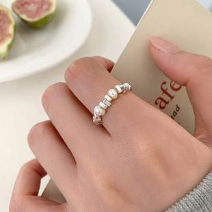 巷南925纯银碎银子珍珠戒指小众设计食指戒女轻奢高级感指环
