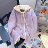 奶fufu温柔风紫色羊羔毛外套(毛外套)女秋冬季学院风加厚卫衣休闲连帽上衣