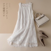小清新针织亚麻无袖连衣裙女夏季拼接蕾丝气质绣花很仙的白色长裙