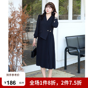 大码秋季新款胖MM连衣裙西装领气质假两件套显瘦收腰A字百褶裙长