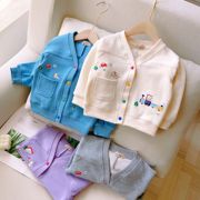 男童女童卫衣开衫针织卡通，刺绣口袋外套紫色蓝色，灰色米色1岁2岁3