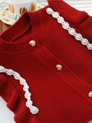 女童毛衣中大童春秋季衣服，红色2023洋气珍珠，儿童针织开衫外套