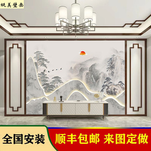 新中式电视背景墙壁纸水墨，山水壁画客厅，简约沙发茶室壁布无缝墙布