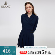 eland衣恋连衣裙女职业通勤西装，领腰部压褶藏青色裙子夏季