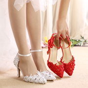 新娘伴娘结婚鞋白色尖头细跟高跟鞋蕾丝红色水钻婚鞋新韩版女