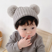 婴儿帽子韩版可爱兔毛球保暖儿童男女宝宝羊毛针织护耳毛线帽秋冬