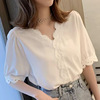 衬衫女设计感小众上衣半短袖，宽松韩版夏季t恤蕾丝拼接雪纺白衬衣(白衬衣)
