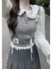韩系学院风套装女秋冬假两件马甲拼接娃娃领衬衫搭配百褶裙子