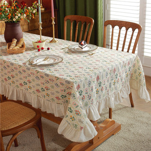 法式复古麻色绿植餐桌布，拼接荷叶边圆形台布，ins小花田园风圆桌布