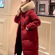 红色羽绒a服女中长款冬季韩版加厚白鸭绒(白鸭绒，)大毛领外套
