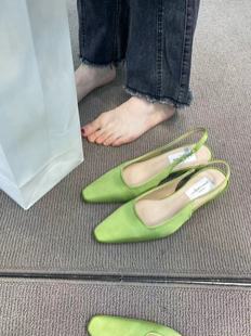 法式绿色绸缎时尚尖头高跟鞋，chic细跟浅口单鞋2023春心玛丽珍