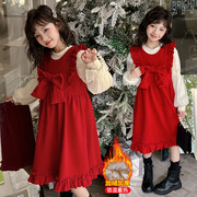 女童秋冬连衣裙2023甜美公主裙洋气时髦年服两件套红色背心裙