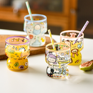 井柚原创可爱玻璃杯子，家用女生卡通手绘儿童水杯早餐杯收腰牛奶杯
