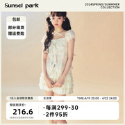 sunsetpark日落公园落日柑橘绑带，粉色格纹衬衫，短袖夏季上衣女