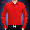 春秋中年男长袖衬衫，绣花衬衣男士红色，爸爸寸衫本命年上衣薄款