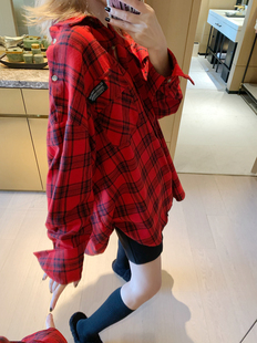 智研 韩国东大门时尚百搭潮红色格子休闲口袋小黑标洋气中长衬衫