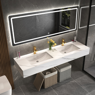 现代轻奢岩板一体双台盆浴室柜，组合卫生间大户型智能双盆洗漱台池