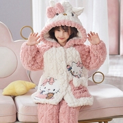 韩版小猫长款母女珊瑚绒夹棉，睡衣三层加厚法兰绒，保暖亲子装家居服