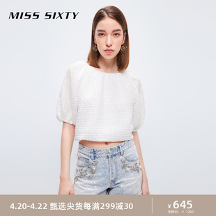 misssixty短袖衬衫女圆领甜美泡泡，袖五分袖复古法式气质短款上衣