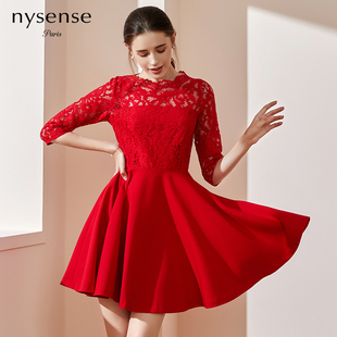 nysense品牌女装圆领七分袖高腰镂空蕾丝，短a字连衣裙5409