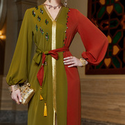 欧美中东时尚知性女装军绿拼接橙红色V领连衣裙 dress women