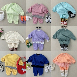 韩国进口婴幼童装糖果色休闲运动套装春秋简约卫衣卫裤幼儿园