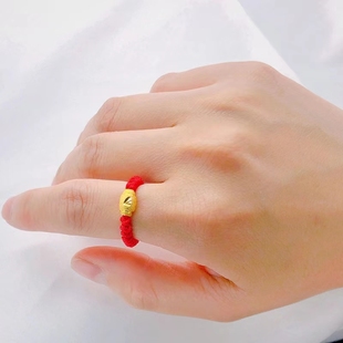 红绳转运珠戒指女编织弹力，绳镀金仿真黄金，久不掉色沙金指环首饰