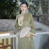中式女装中国风优雅抹茶绿复古改良旗袍气质连衣裙搭毛呢斗篷披肩