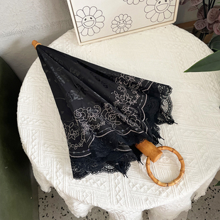 高端棉布刺绣烫花蕾丝宫廷洋伞，防晒遮阳复古竹柄，圆环二折太阳伞