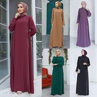 中东迪拜裙速卖通亚马逊回族长袍，烫钻拼接束腰，纯色长袖连衣裙女