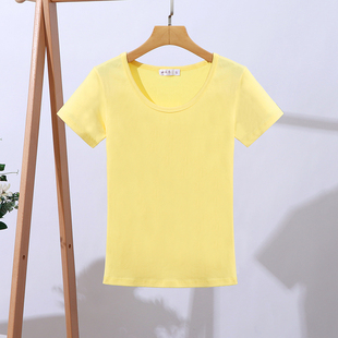 浅黄色短袖t恤女短款圆领，修身简约纯色身体，桖上衣纯棉打底衫舒适