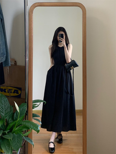法式赫本风小黑裙高腰背心连衣裙，女高级感黑色夏季雪纺长裙子