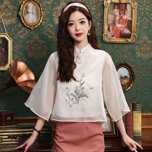 新中式改良旗袍衬衫汉服女夏季国风刺绣小衫设计感小众雪纺上衣潮